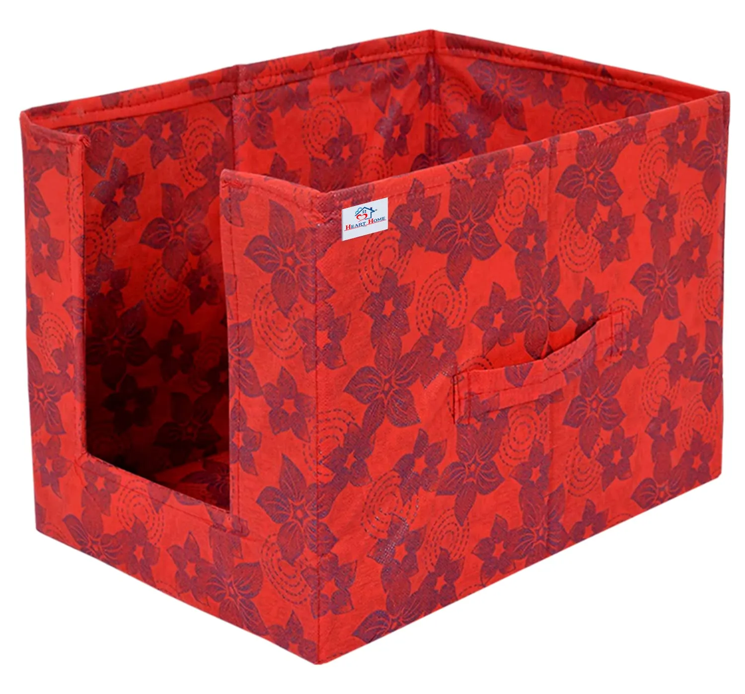 Heart Home Metallic Flower Printed Multiuses Non-Woven Closet Organizer With Handles- Pack of 4 (Red) -HS43HEARTH26463