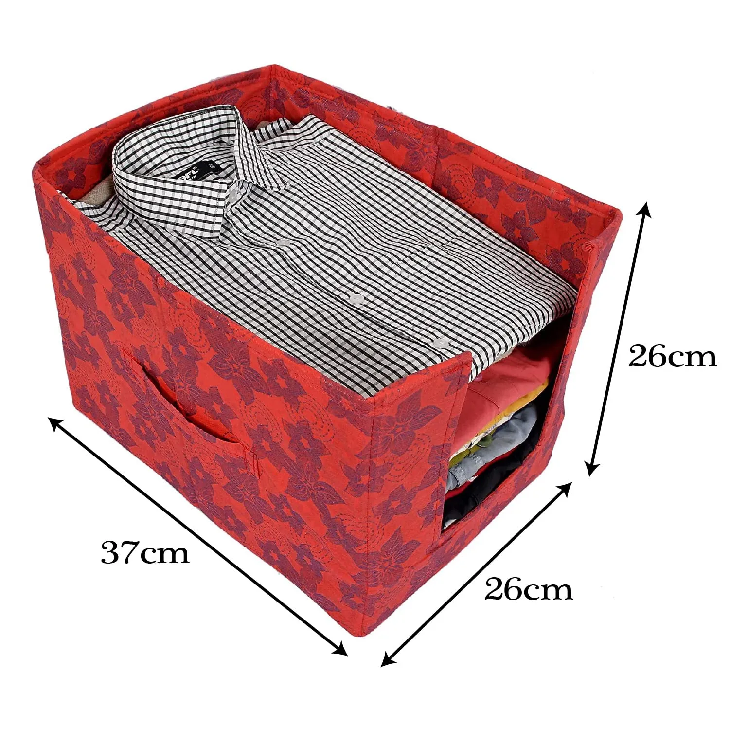 Heart Home Metallic Flower Printed Multiuses Non-Woven Closet Organizer With Handles- Pack of 4 (Red) -HS43HEARTH26463