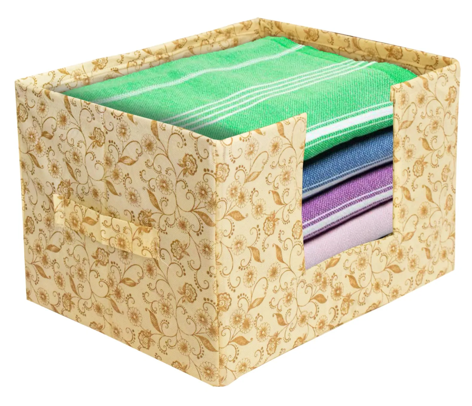 Heart Home Metallic Flower Printed Non-Woven Foldable Saree Stacker, Wardrobe Organizer, Storage Bin With Handle- Pack of 3 (Ivory)-HS43HEARTH26370