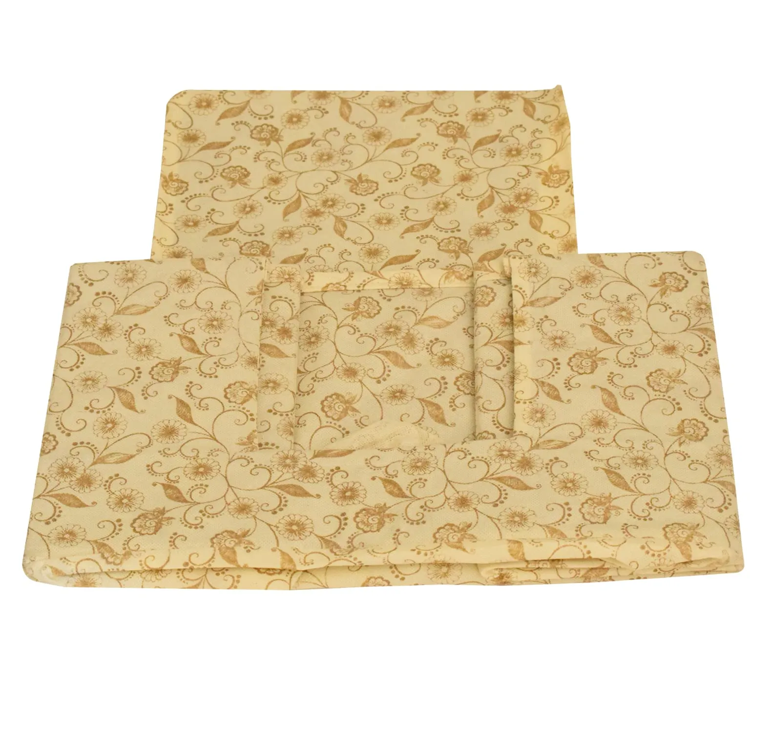 Heart Home Metallic Flower Printed Non-Woven Foldable Saree Stacker, Wardrobe Organizer, Storage Bin With Handle- Pack of 4 (Ivory)-HS43HEARTH26372