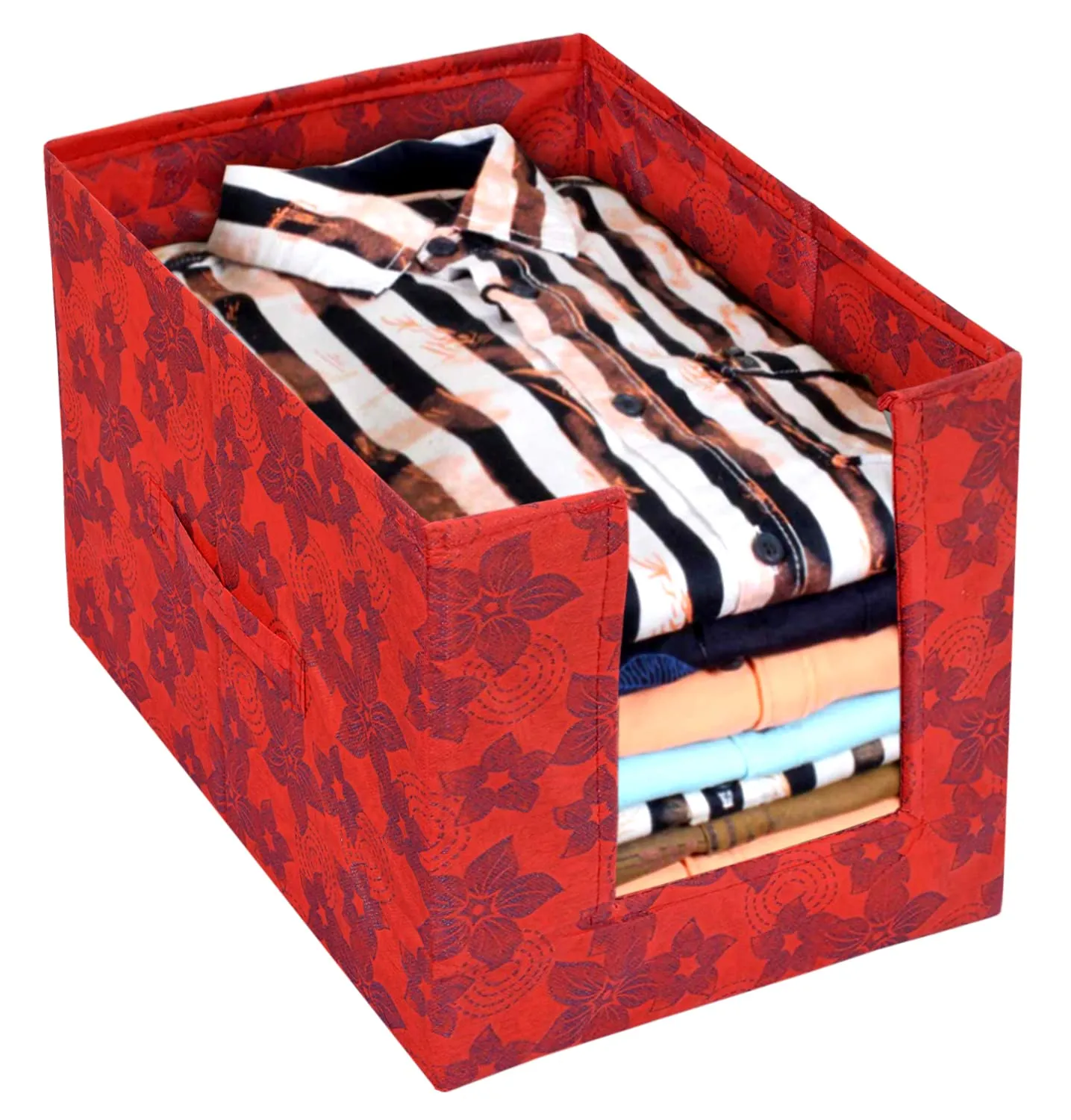 Heart Home Metallic Flower Printed Non-Woven Foldable Shirt Stacker Closet Organizer With Handles- Pack of 3 (Red)-HS43HEARTH26460
