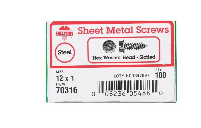 Hillman No. 12 X 1 in. L Slotted Hex Washer Head Sheet Metal Screws 100 pk