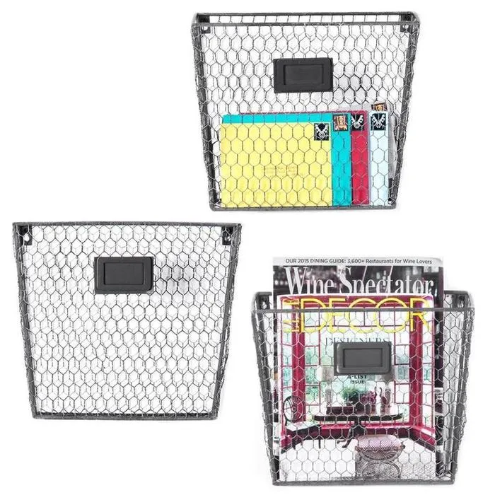 Rustic Wire Wall-Mounted File Organizer Rack Chalkboard Labels, Set of 3, Gray