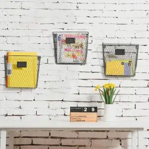 Rustic Wire Wall-Mounted File Organizer Rack Chalkboard Labels, Set of 3, Gray