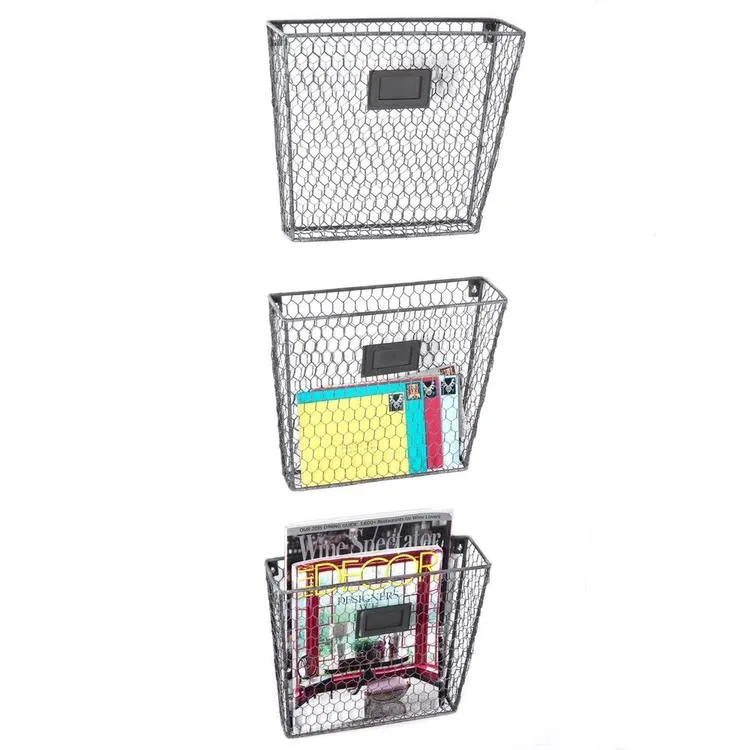 Rustic Wire Wall-Mounted File Organizer Rack Chalkboard Labels, Set of 3, Gray