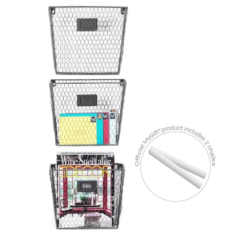 Rustic Wire Wall-Mounted File Organizer Rack Chalkboard Labels, Set of 3, Gray