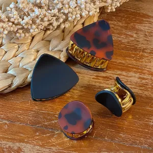 Stylish Set Of 4 Gold-Toned Matte Black & Leopard Print Claw Clutch Clips
