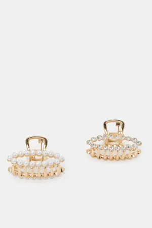 Women Gold Pearls Hair Claw (Pack of 2)