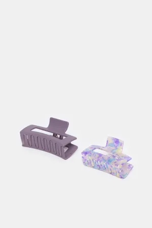 Women Grey Floral Print Hair Claw Set (Pack of 2)